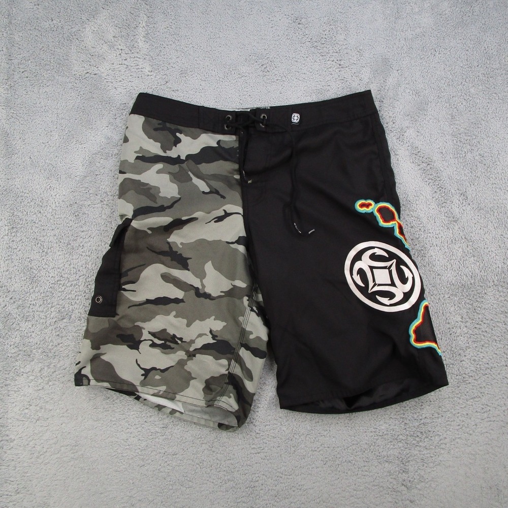 Maui Built Board Shorts Mens 35 Black Camo Good Split Cargo Surf Swim Trunks